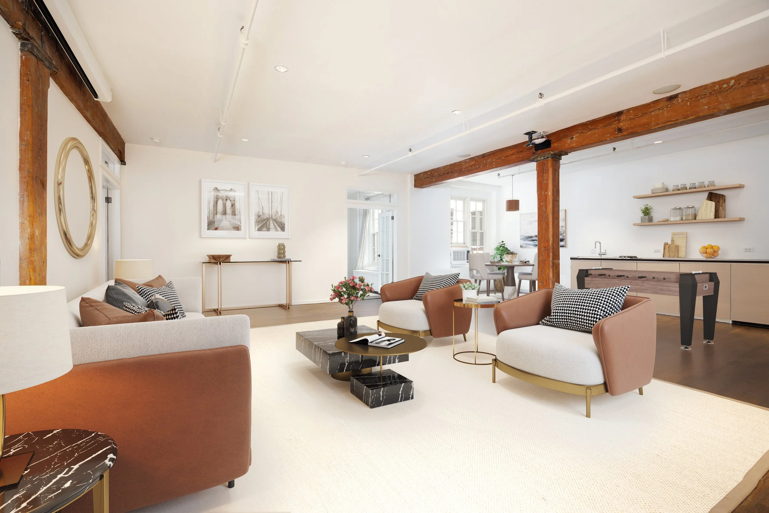 Living room with beige and brown furniture, marble coffee table, bare wooden beams, and a kitchen with open shelves