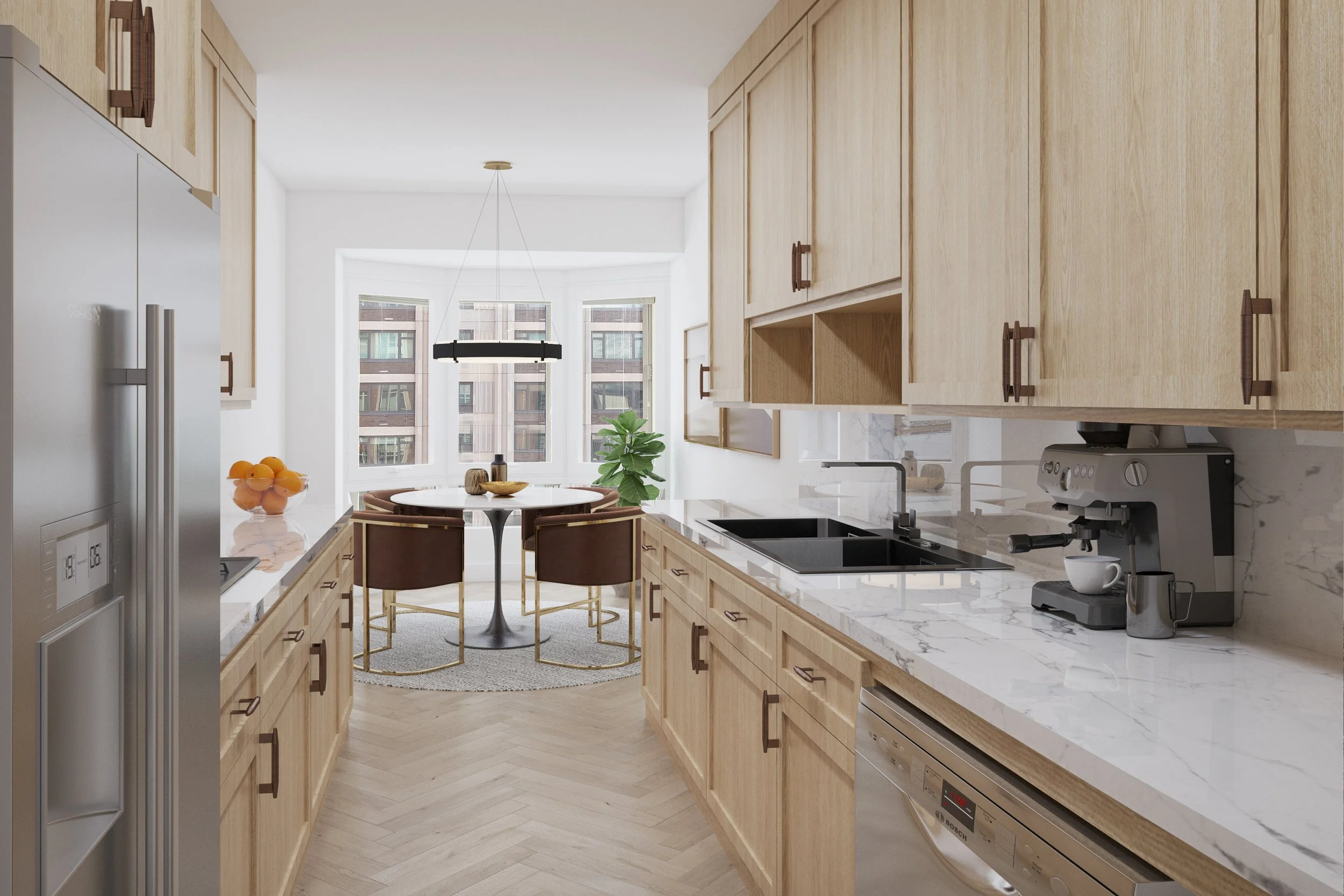 Modern kitchen with light wood cabinets, marble countertops, and a breakfast nook in the background with a round table and brown chairs, near large windows with city views.