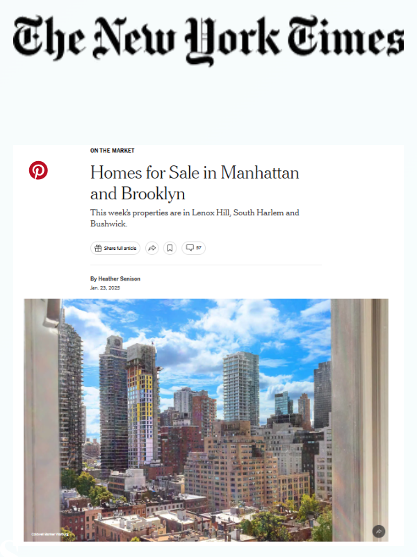 Screenshot of a New York Times article titled 'Homes for Sale in Manhattan and Brooklyn' with a photo of a city skyline featuring tall buildings under a cloudy blue sky.