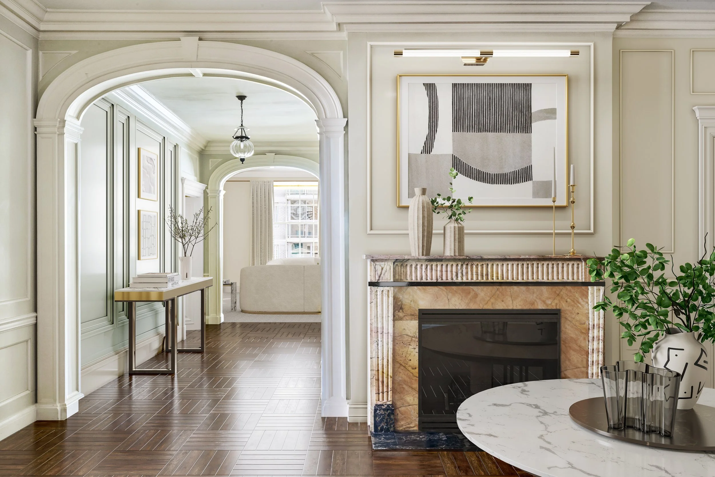 Elegant living room with a marble fireplace, abstract artwork, and decorative vases, leading to a sitting area with a white sofa through an arched doorway.