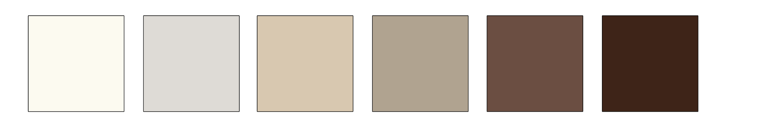 Six color swatches arranged from lightest to darkest: beige, light gray, light tan, tan, dark brown, and deep brown.