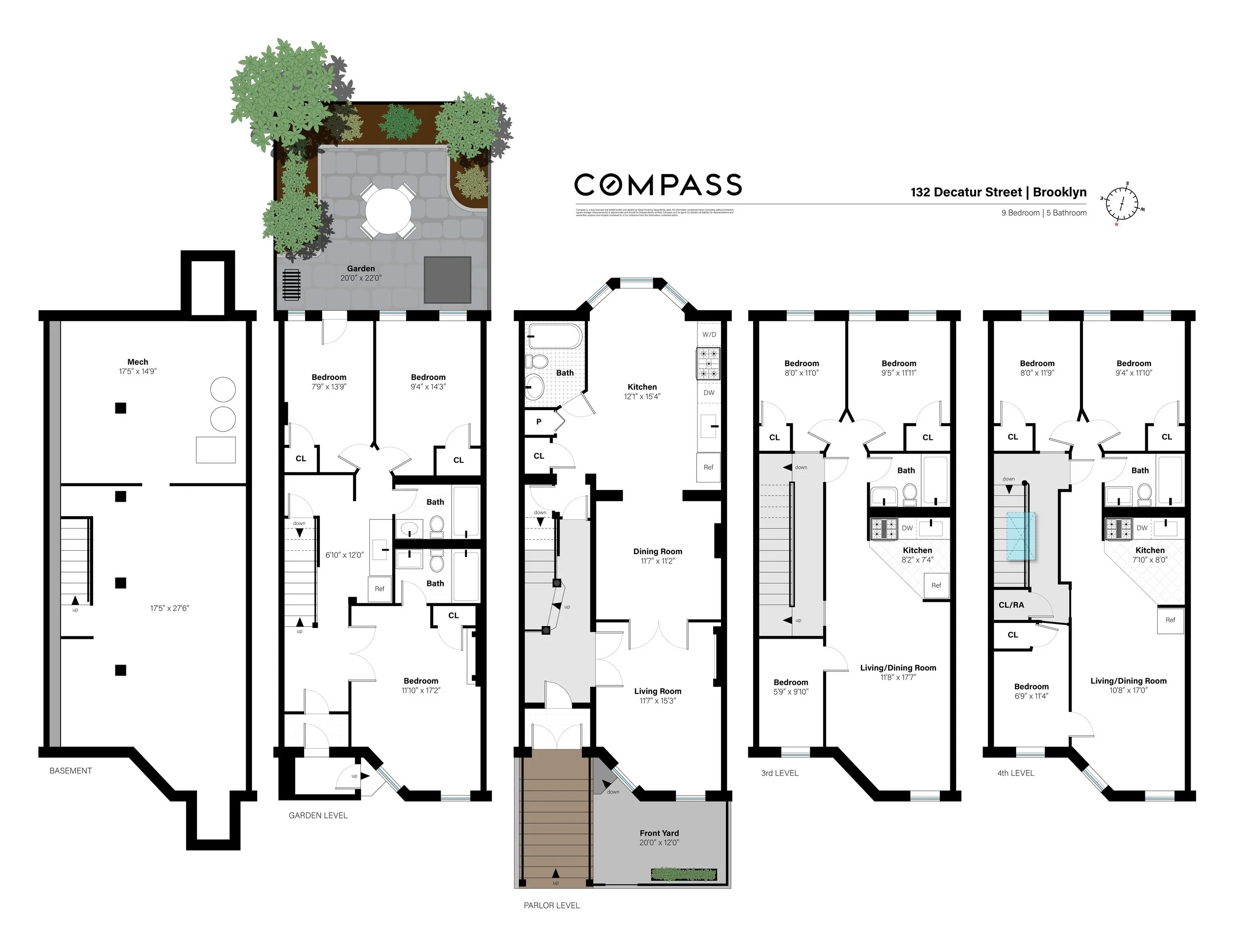 Floor plan of a multi-level house with labeled rooms including bedrooms, kitchens, bathrooms, living rooms, garden, and basement.
