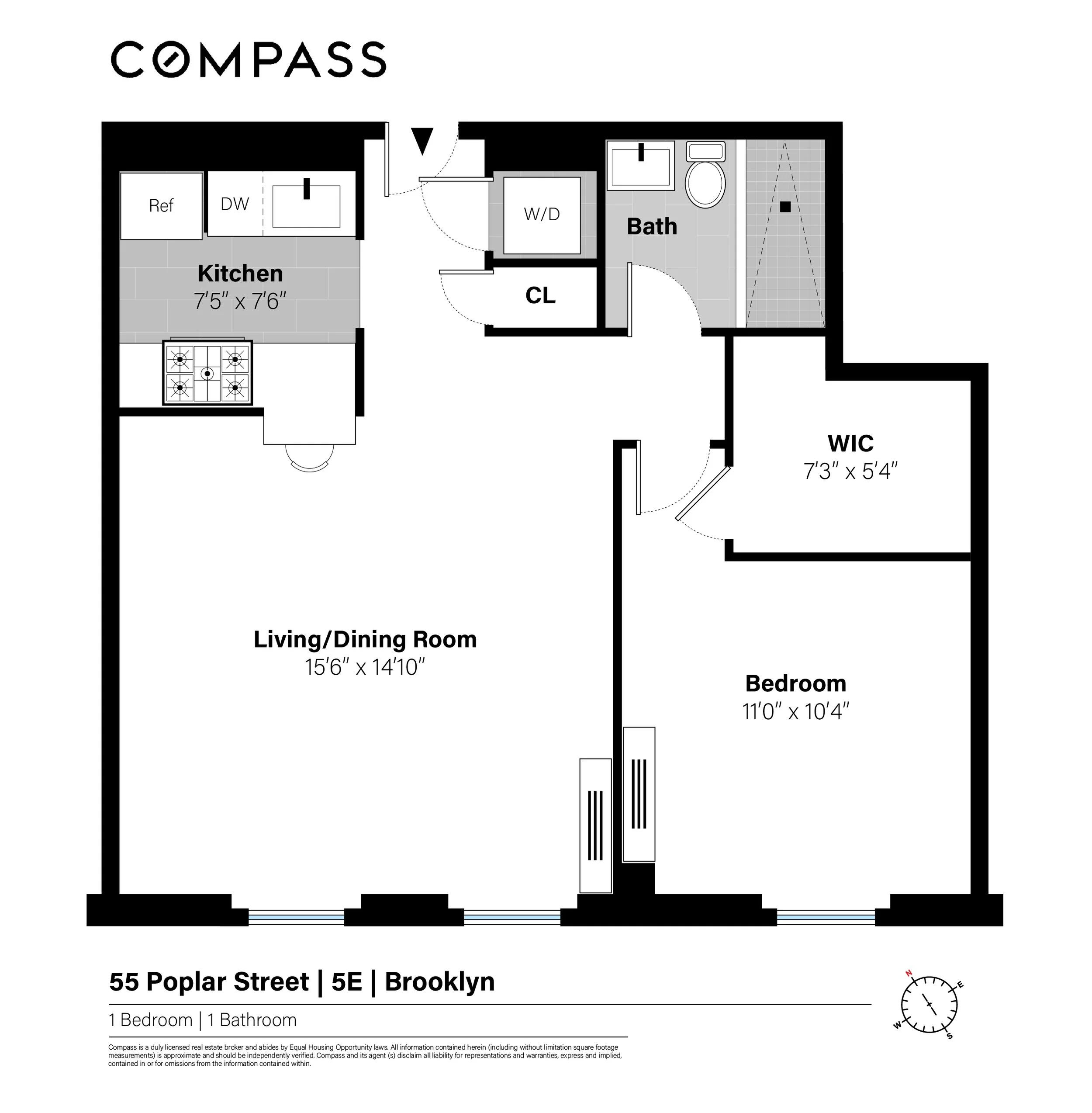 Floor plan of an apartment at 55 Poplar Street, Brooklyn, with one bedroom and one bathroom. The layout includes a living/dining room, kitchen, bedroom with a walk-in closet, bathroom, and laundry area.