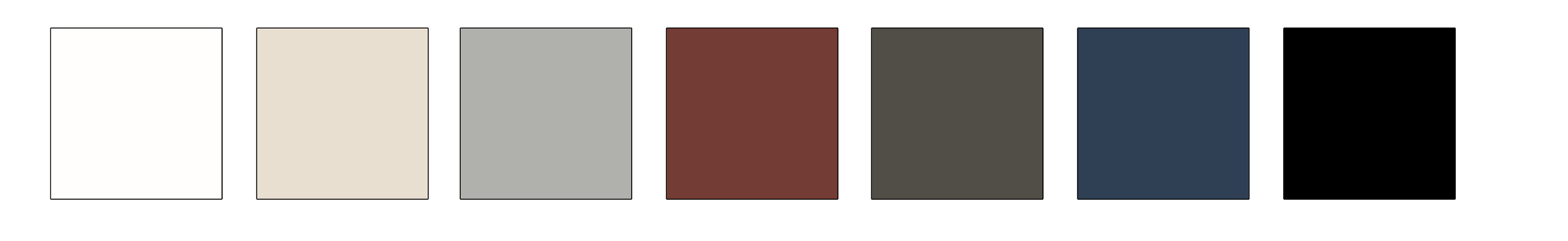 A row of seven color swatches showing white, beige, light gray, dark red, dark gray, navy blue.