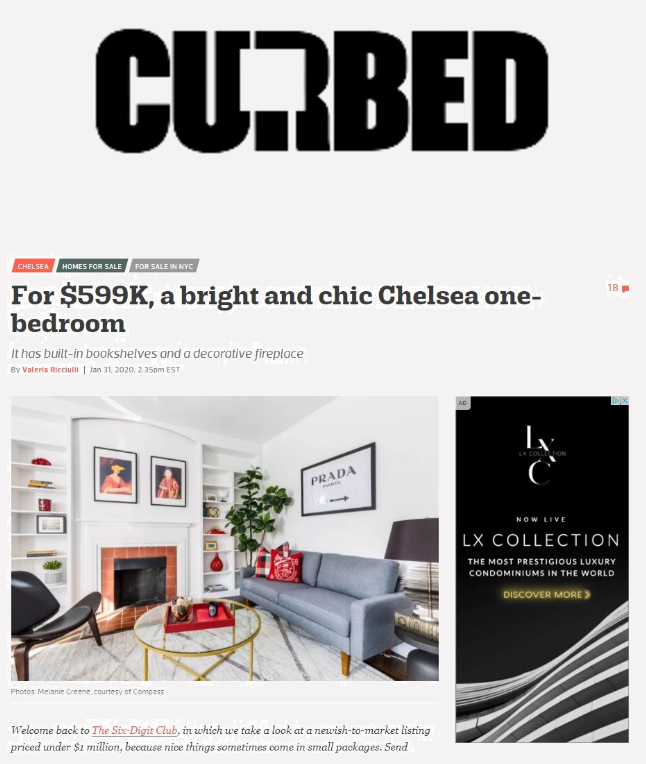 Webpage listing for a one-bedroom condo in Chelsea, priced at $599,000, showing a photo of a modern living room with a fireplace, bookshelf, artwork, and a gray sofa.