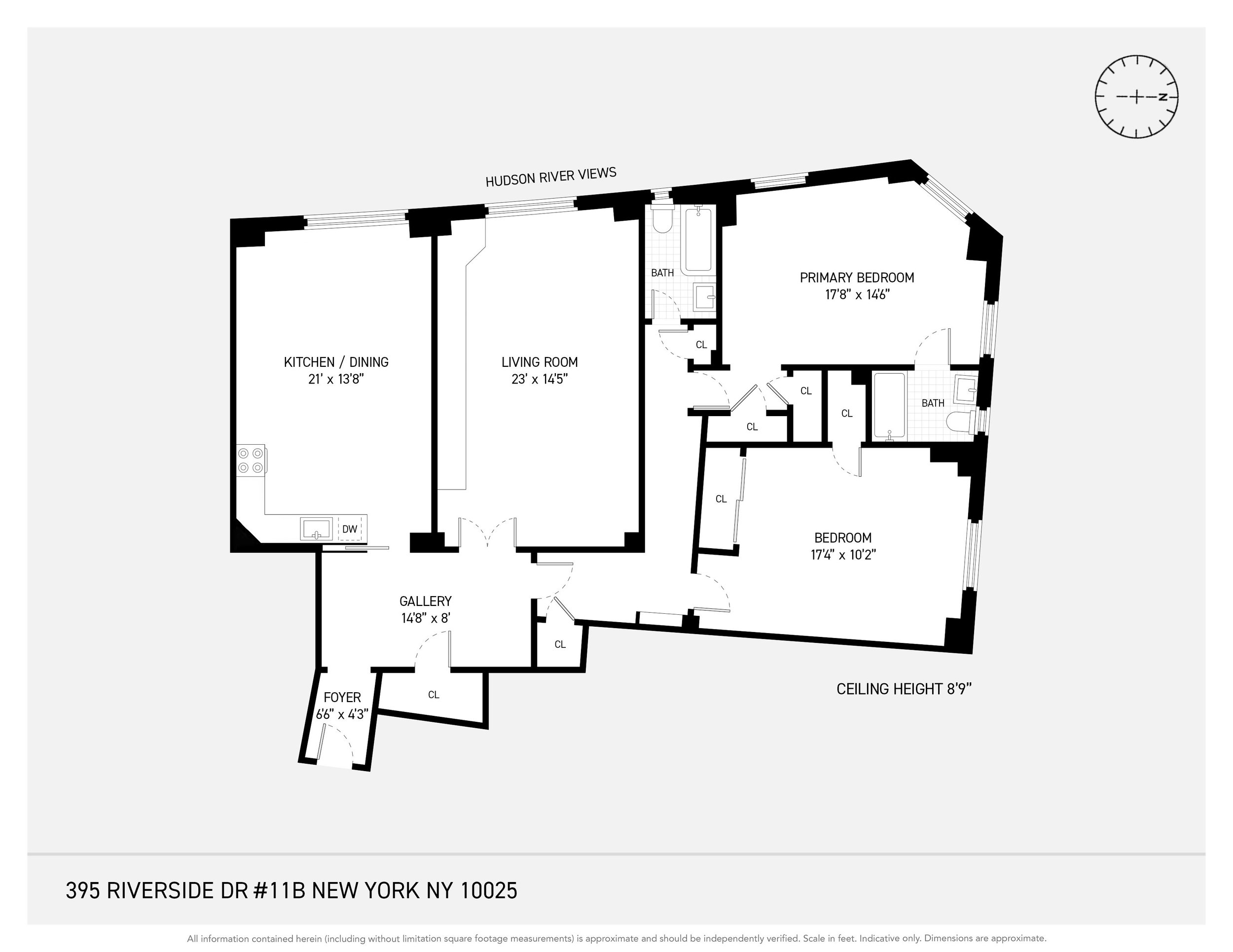 Floor plan of an apartment with labeled rooms including kitchen/dining, living room, primary bedroom, bedroom, gallery, foyer, and bathrooms, with Hudson River views and ceiling height notes.