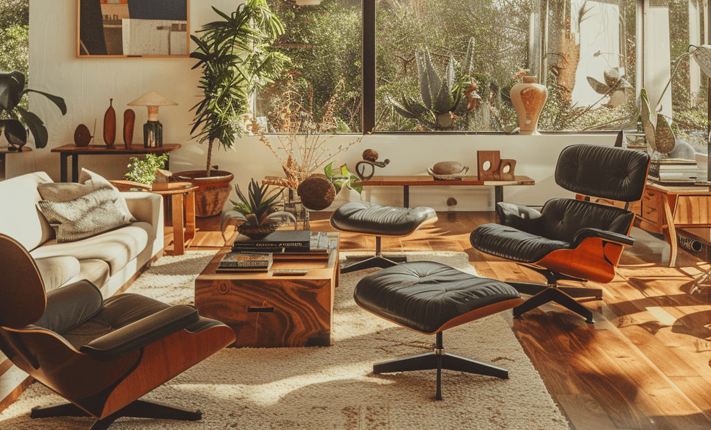 A stylish living room with mid-century modern furniture, including a cream sofa, black leather lounge chair with matching ottoman, and wooden coffee table, surrounded by various potted plants and decorative items, with sunlight streaming through large window.