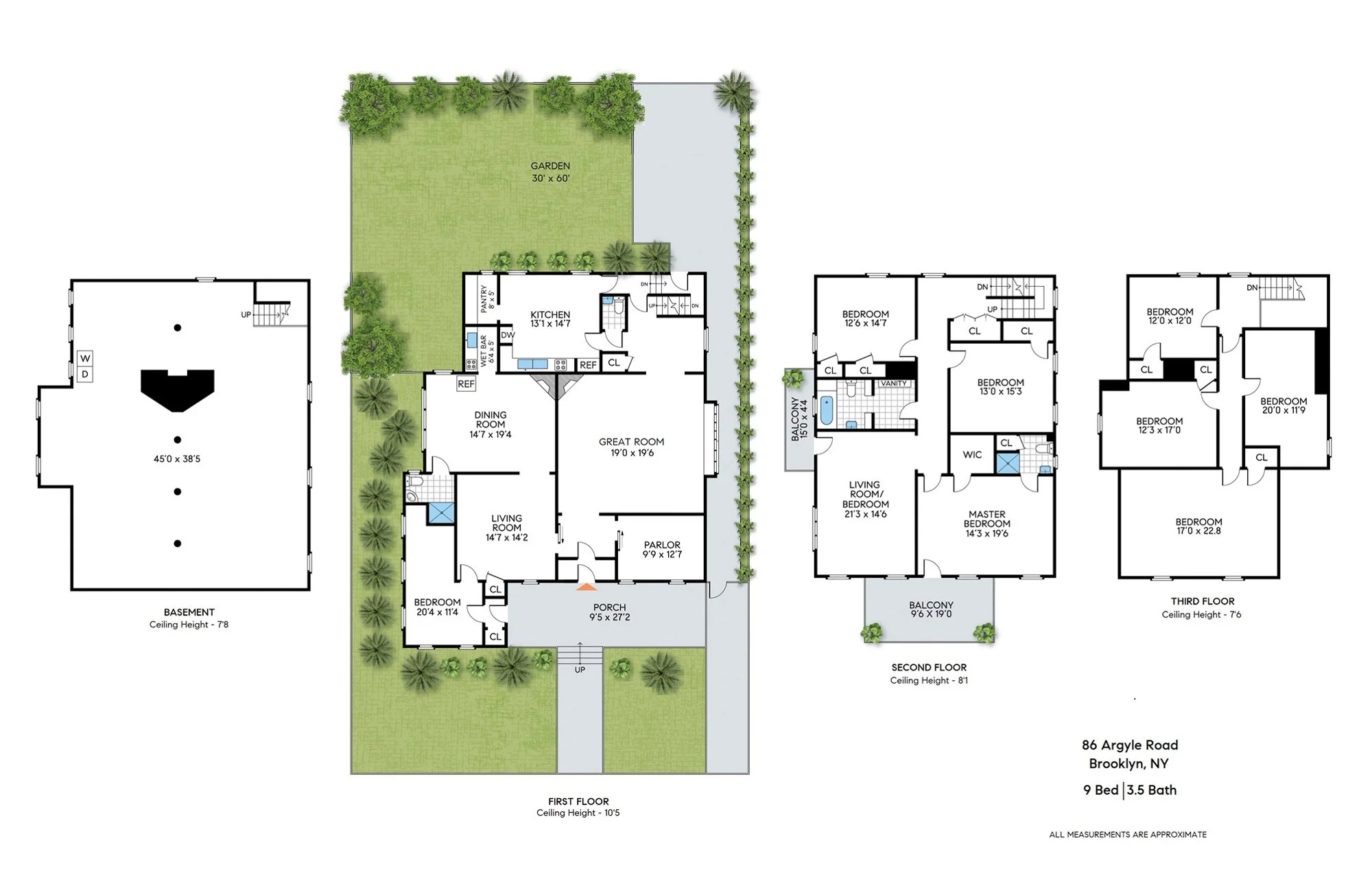 Floor plan of a three-story house with a basement, first, second, and third floors, and an outdoor garden area. The basement has a large open space. The first floor includes a porch, bedroom, living rooms, dining room, kitchen, and garden. The second floor has multiple bedrooms, bathrooms, and balconies. The third floor features additional bedrooms and closets.