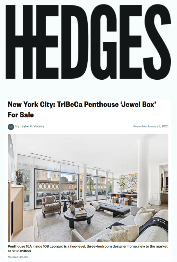 Headline with the word 'HEDGES'. Subheadline about a penthouse for sale in New York City. Image of a modern, spacious living room with large windows, contemporary furniture, and city views.