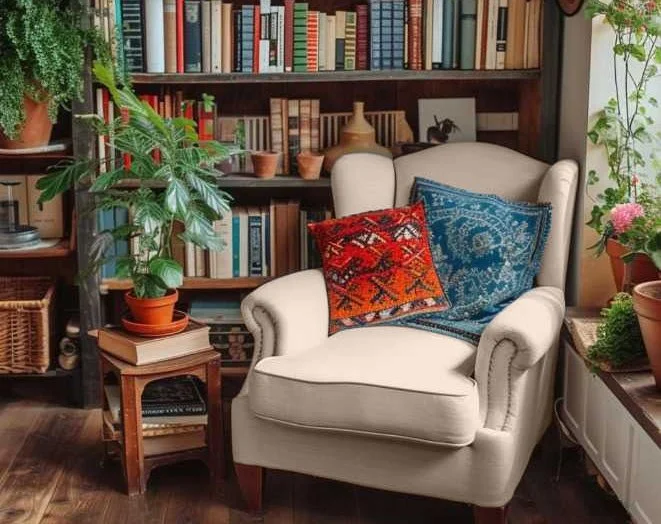 Cozy reading nook with a cream armchair, decorated with two colorful patterned throw pillows, surrounded by houseplants and a wooden bookshelf filled with books.