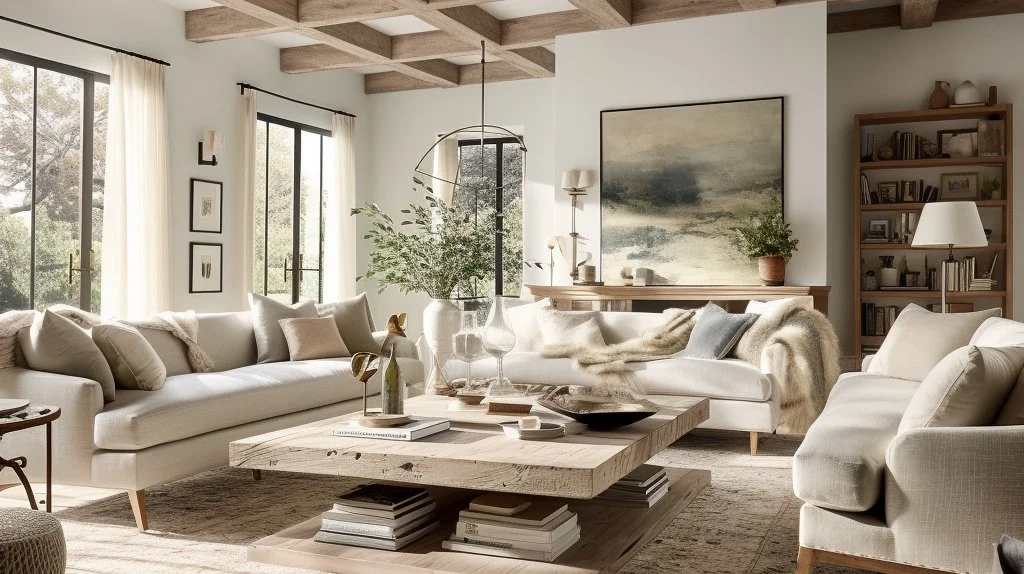 Bright living room with large windows, white sofas, a wooden coffee table, and neutral decor