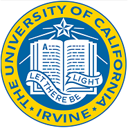 The emblem of the University of California, Irvine with a blue background and yellow border, featuring an open book with a star above it and the Latin motto 'Let There Be Light'.