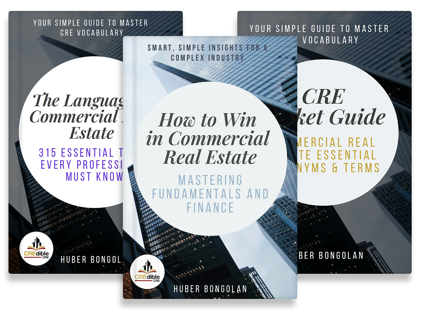Three books on commercial real estate stacked vertically, showing cover designs with skyscraper backgrounds, large white circles with titles, and the author Hubar Bongolan.