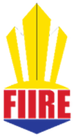 Colorful fire department emblem logo with the word 'FIRE' in red, featuring yellow firefighter axes and a blue base.