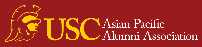 Logo of the USC Asian Pacific Alumni Association with a maroon background and gold and white text.