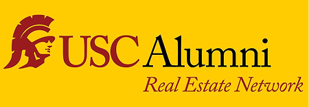 USC Alumni Real Estate Network logo with a gold background, USC alumni text in maroon and black, and a maroon Trojan helmet icon.