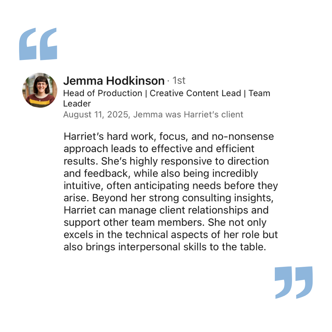 Jemma Hodkinson Testimonial for Harriet Cox Fractional Marketing Consultant