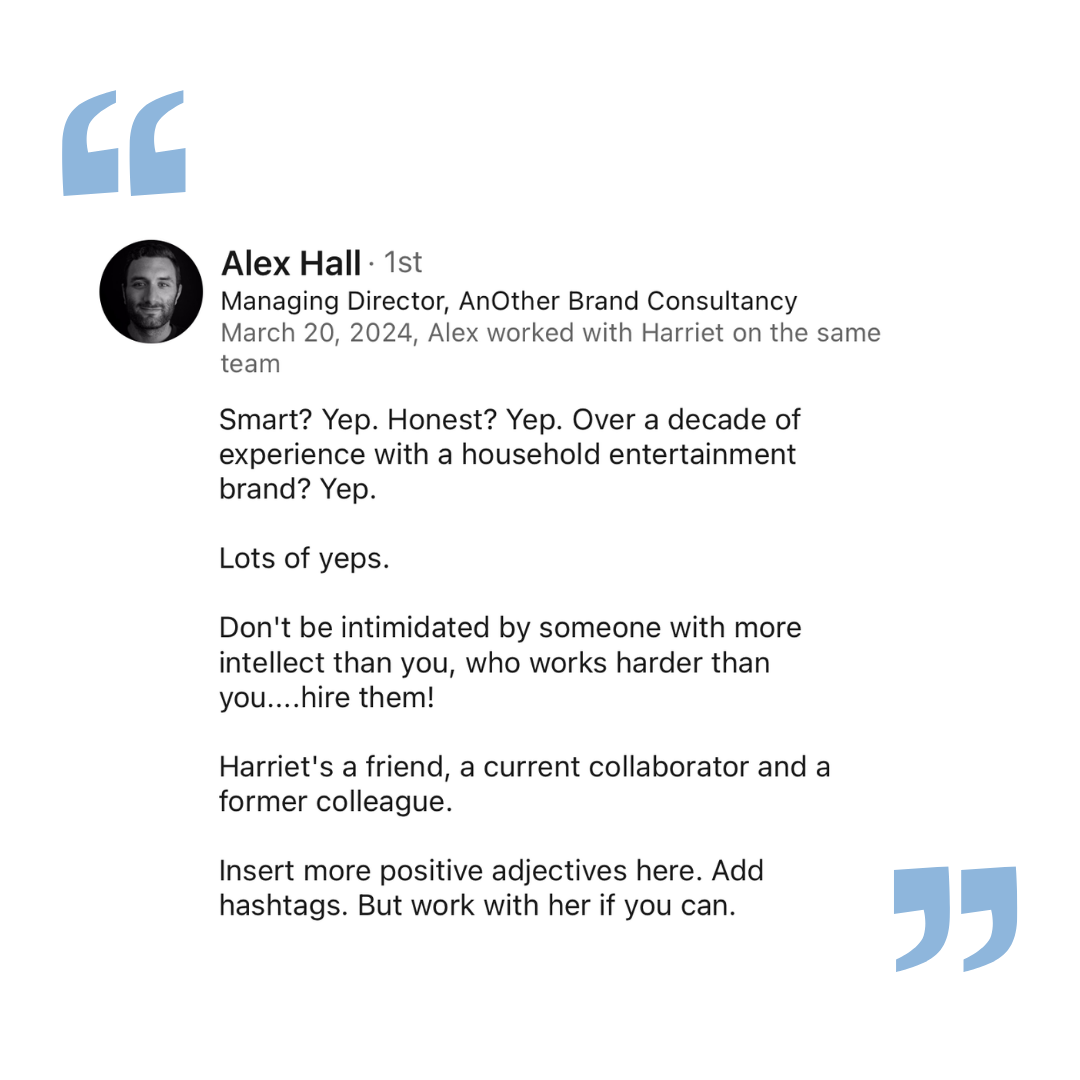 Alex Hall Testimonial for Harriet Cox Fractional Marketing Consultant