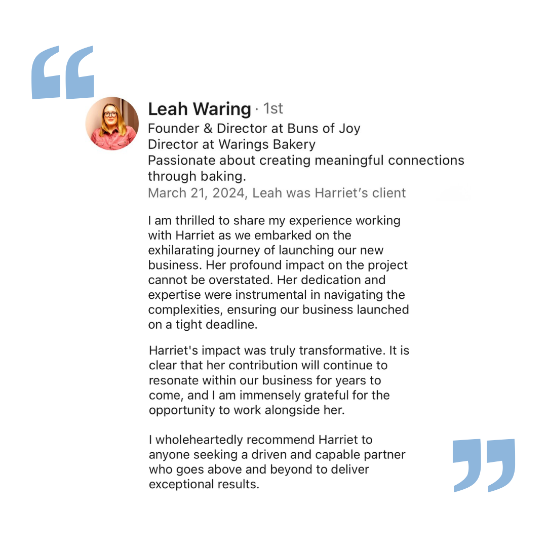Leah Waring Testimonial for Harriet Cox Fractional Marketing Consultant
