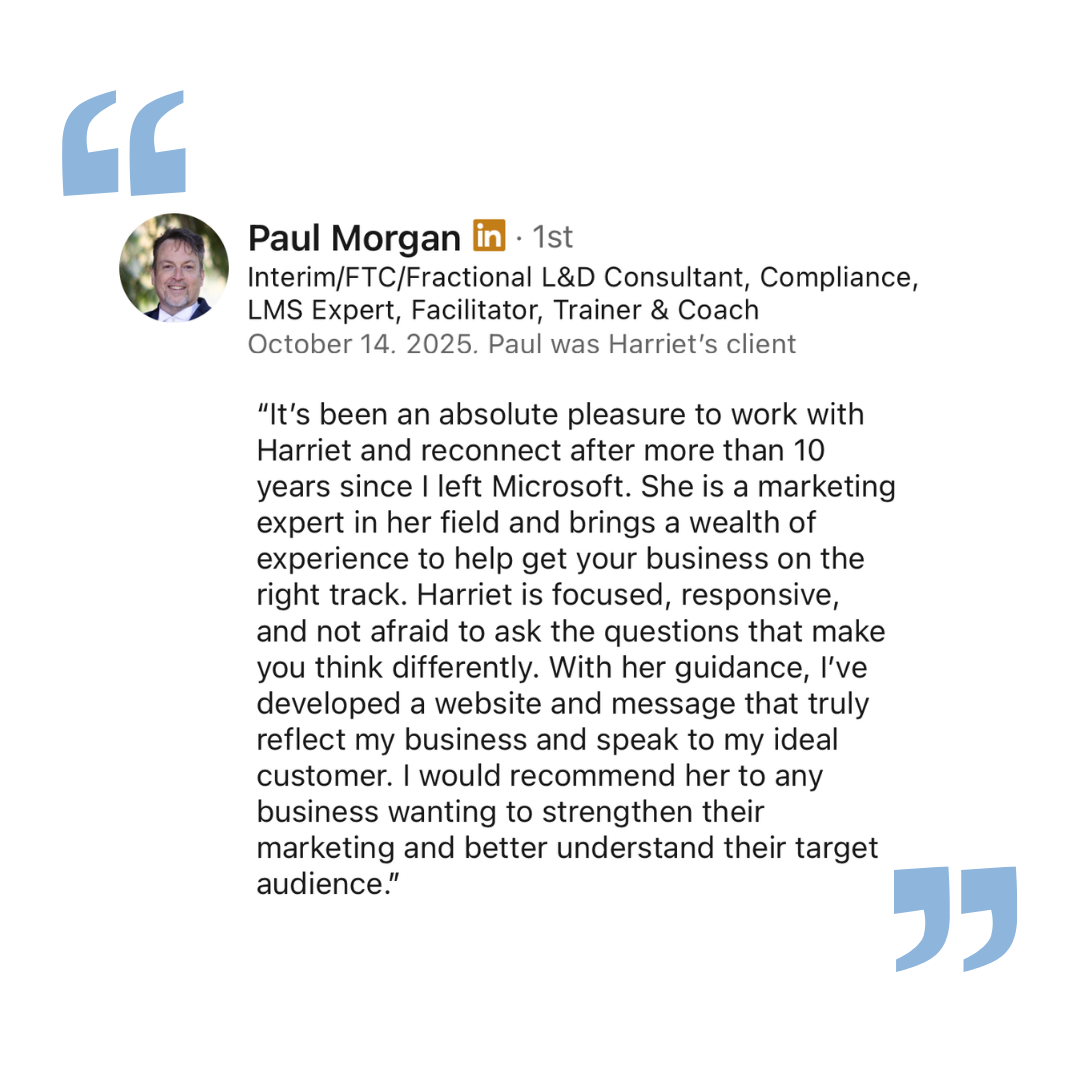 Paul Morgan Testimonial for Harriet Cox Fractional Marketing Consultant