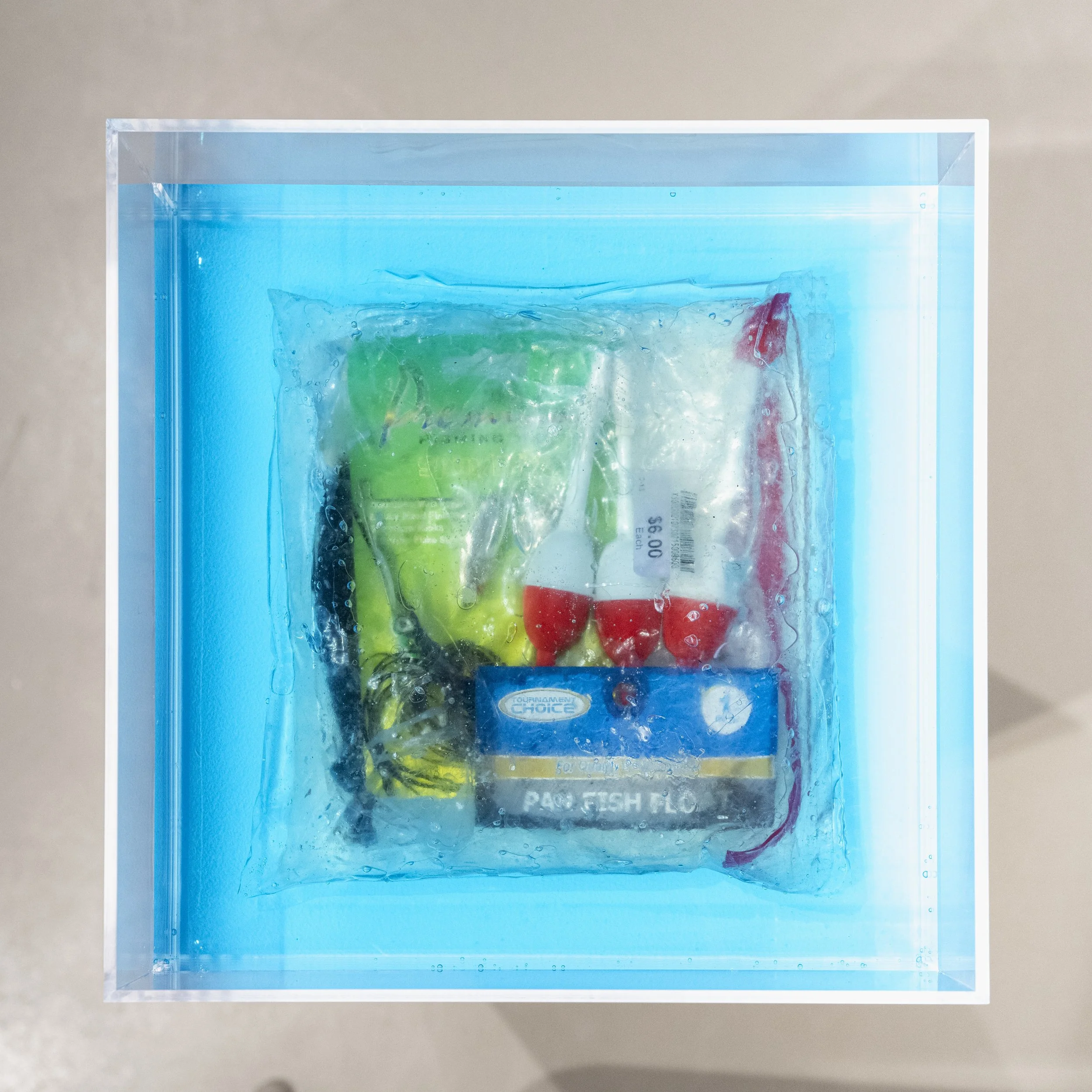 Test Tank, Version 1. 14" x 14" x 39.0625". Listerine, acrylic, resin, fishing lures, knife handle. 2024