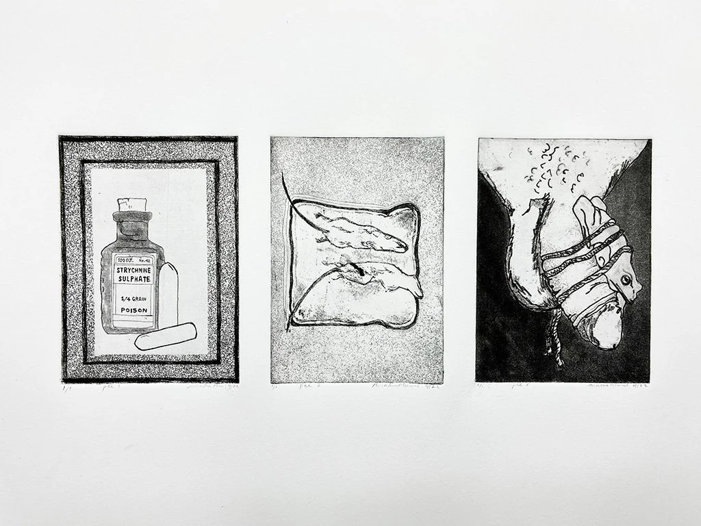 Three Cures. 11" x 15". Intaglio triptych. 2023 
