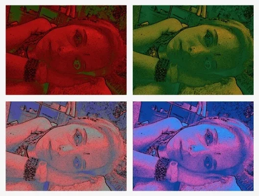 4 of the same images of a girl's face with 4 different color filters