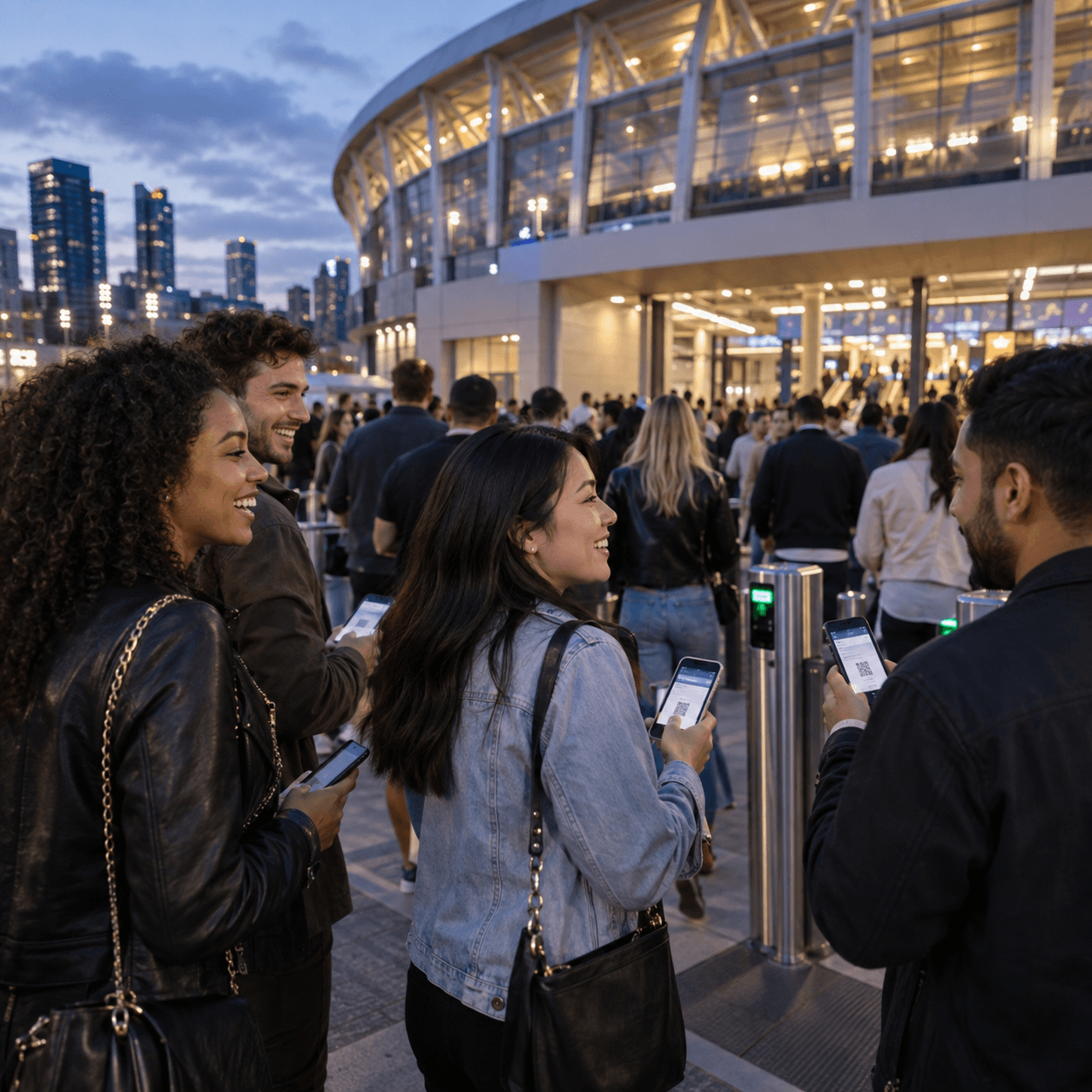 Fans entering an event venue using mobile tickets