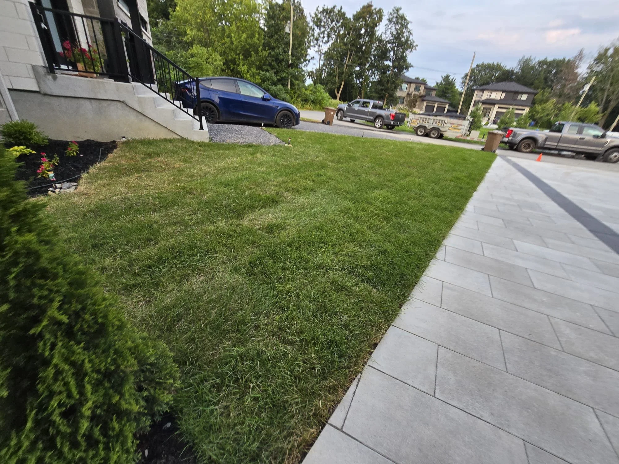 Residential front yard with green grass, flower bed, steps leading to a house, parked cars on the street, and houses in the background with trees.