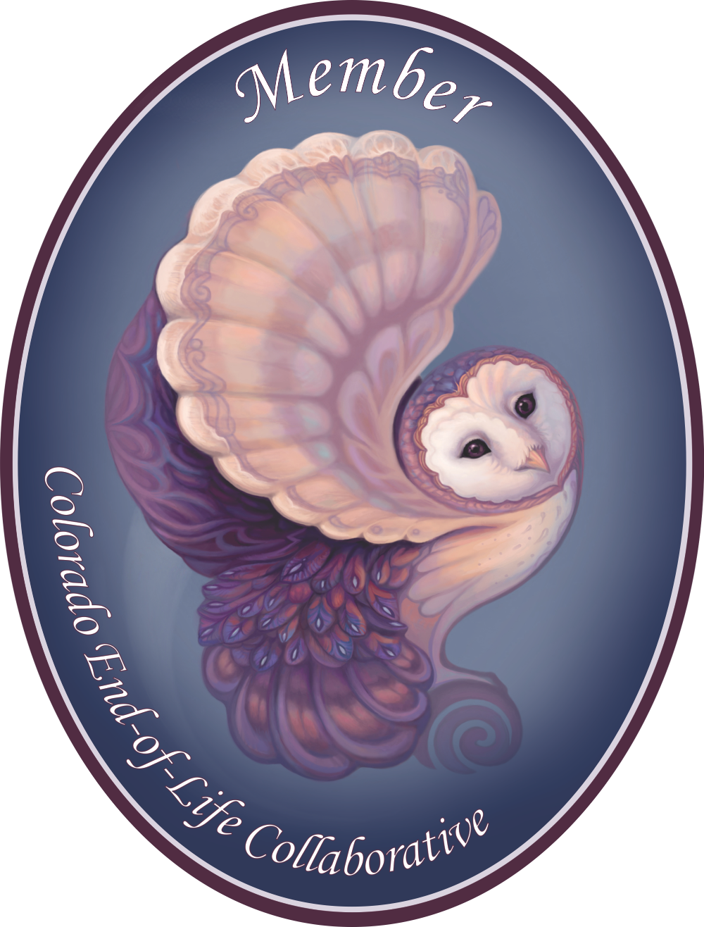 An illustrated oval badge featuring an owl with a figure resembling an owl's body and head, with the body blending into a shell-like tail, in soft pastel colors. The top of the badge has the text 'Member' and the bottom has the text 'Colorado End-of-Life Collaborative'.