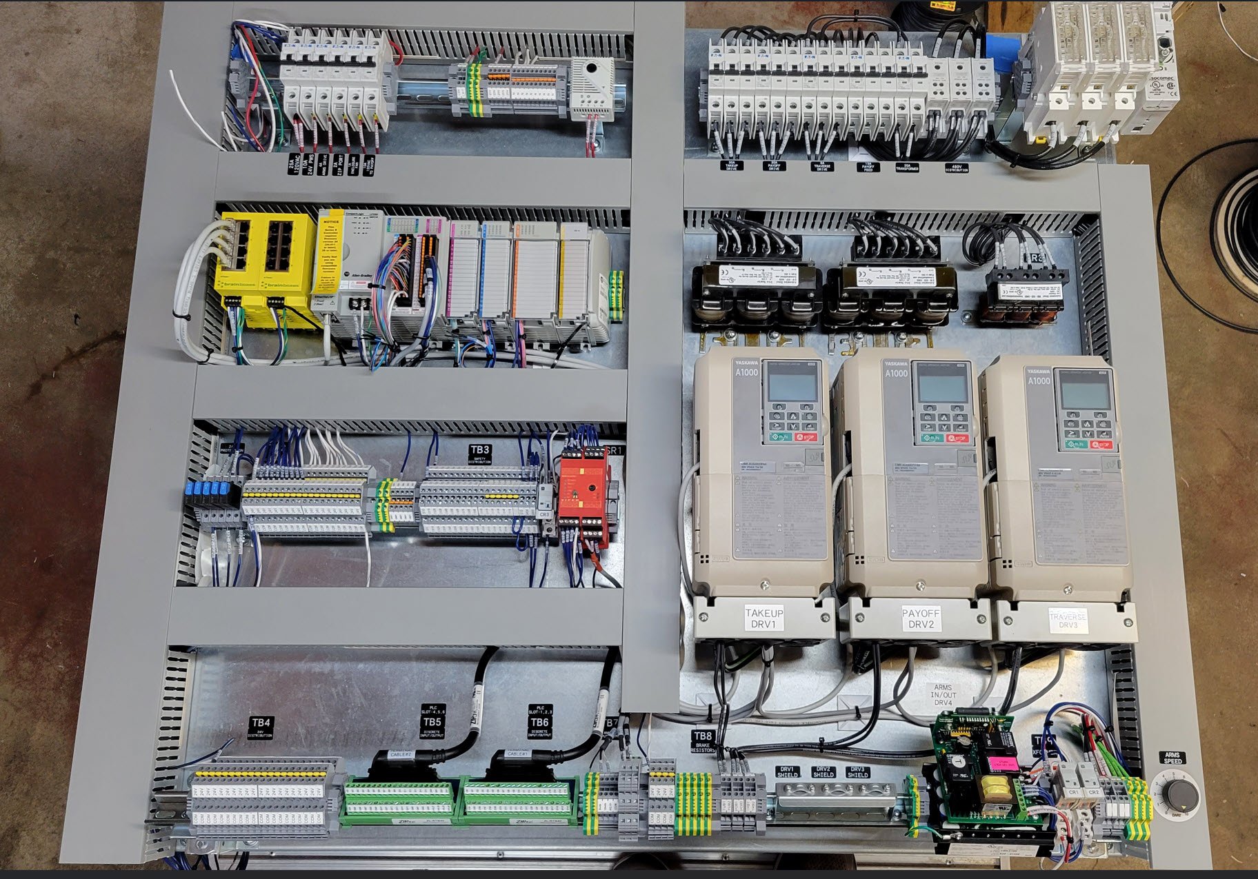 Wire Rewind Line - Takeup Back Panel wired and ready for install into enclosure