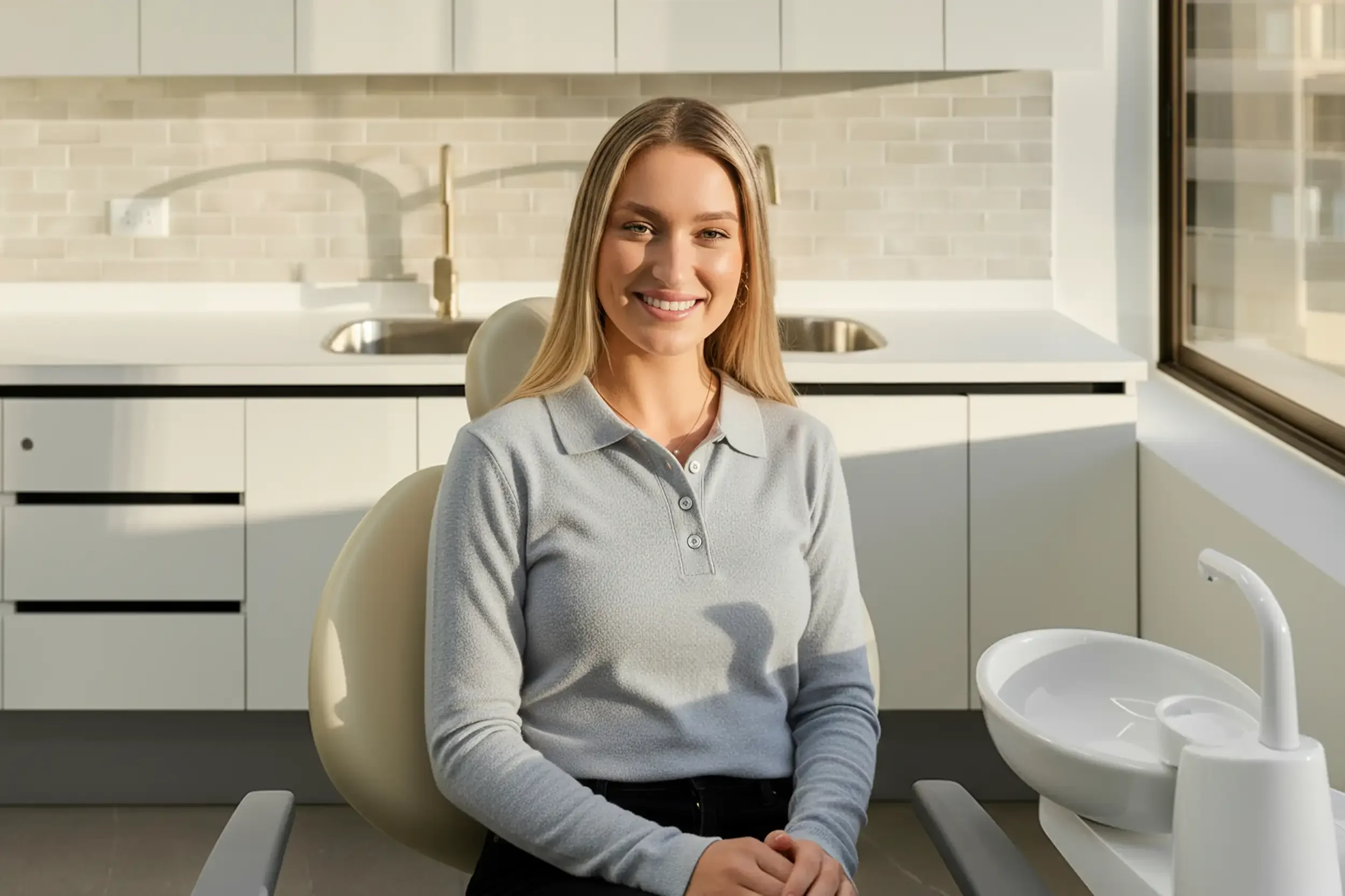 Una mujer sonriendo en un consultorio dental, sentada frente a un lavabo en un entorno moderno con gabinetes blancos y pared de azulejos beige.