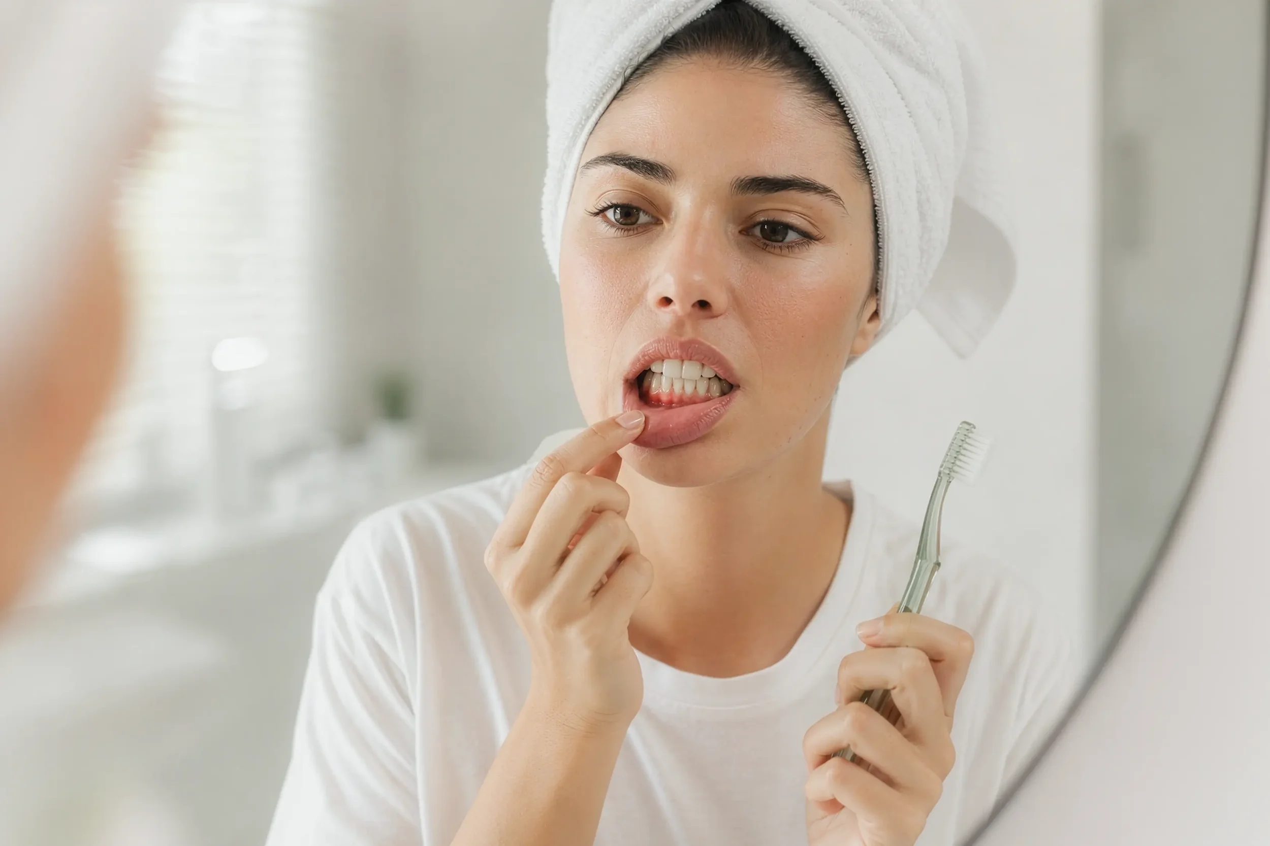 Mujer con gingivitis se mira la encía roja e inflamada en el espejo de un baño