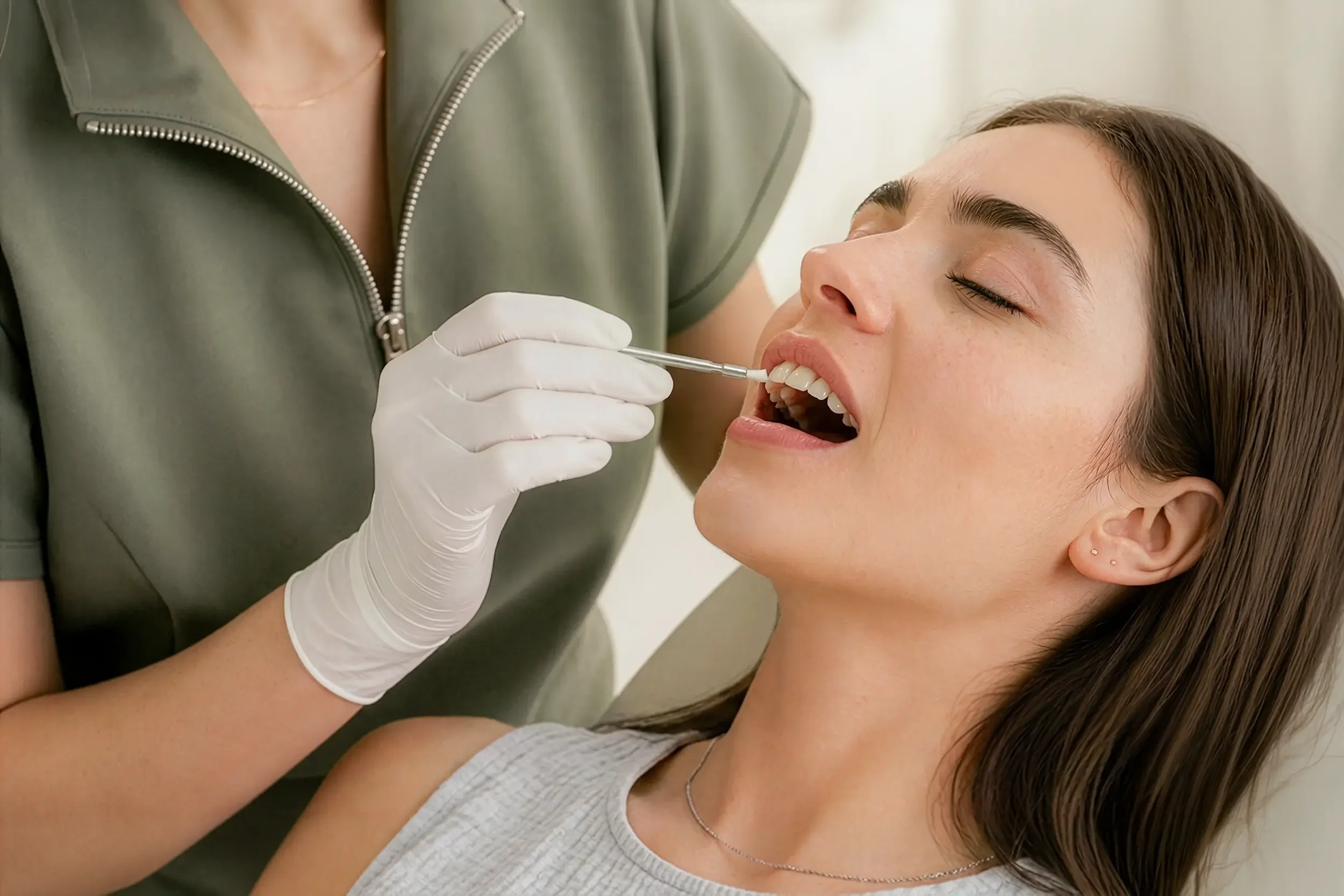 Dentista aplicando flúor dental en clínica dental moderna en Santiago, Providencia.