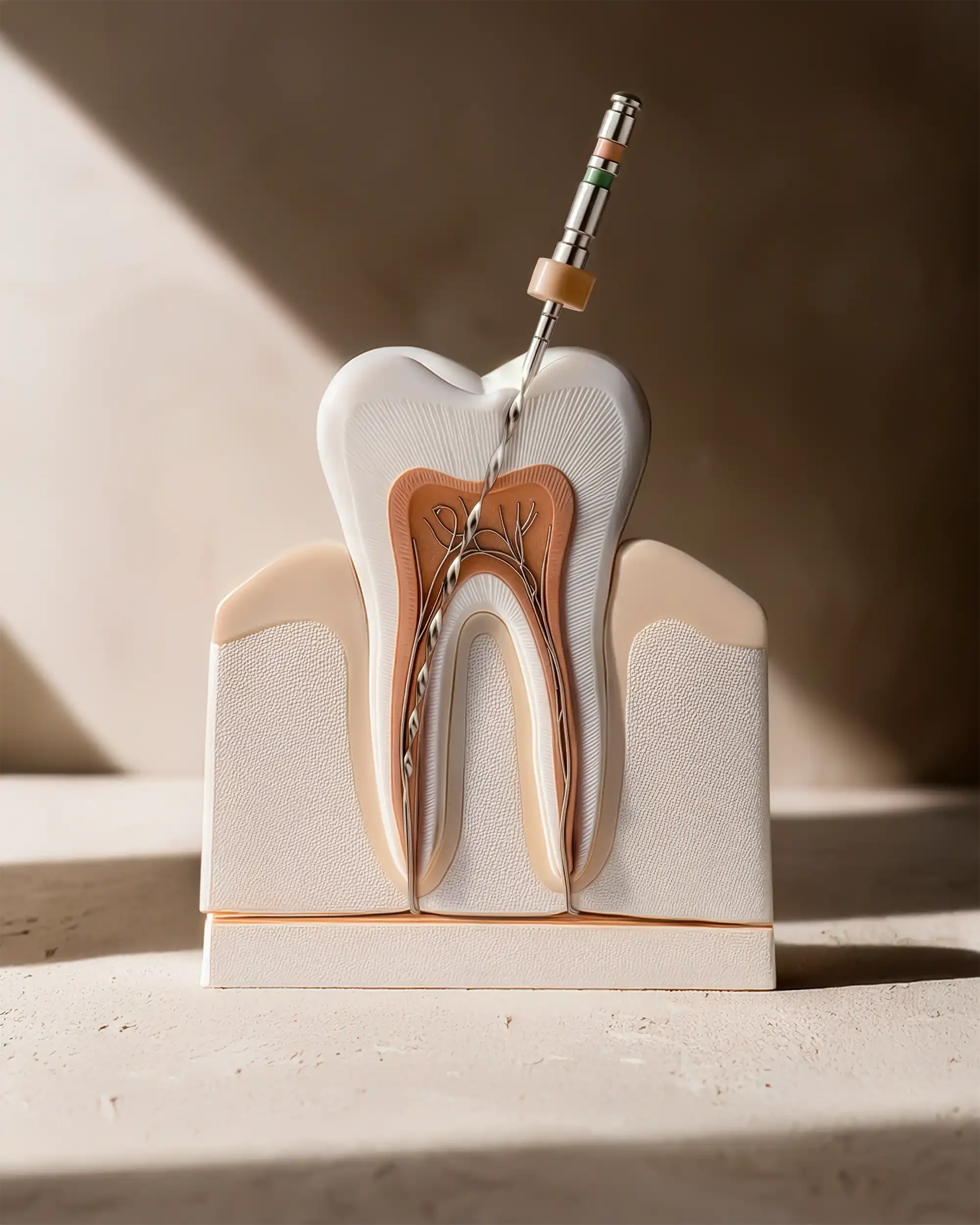 Tratamiento de conducto en molar, ilustración con corte transversal de la pieza dental y lima de endodoncia dentro del canal radicular