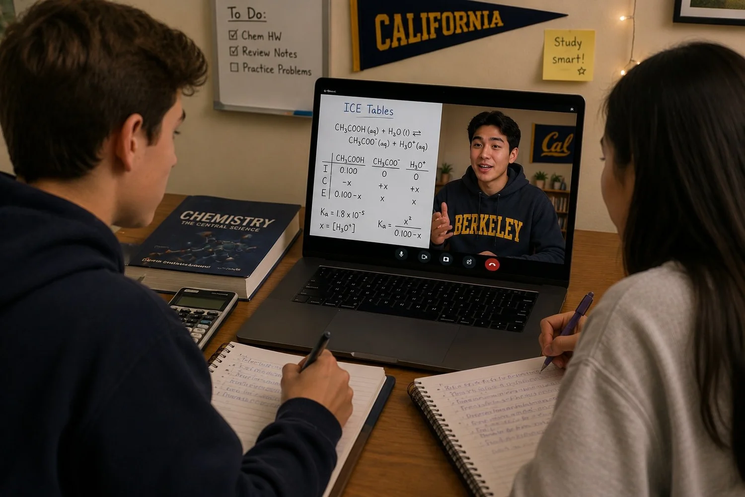 A Tutors & Friends tutor walks two students through an ICE table during an online chemistry session.