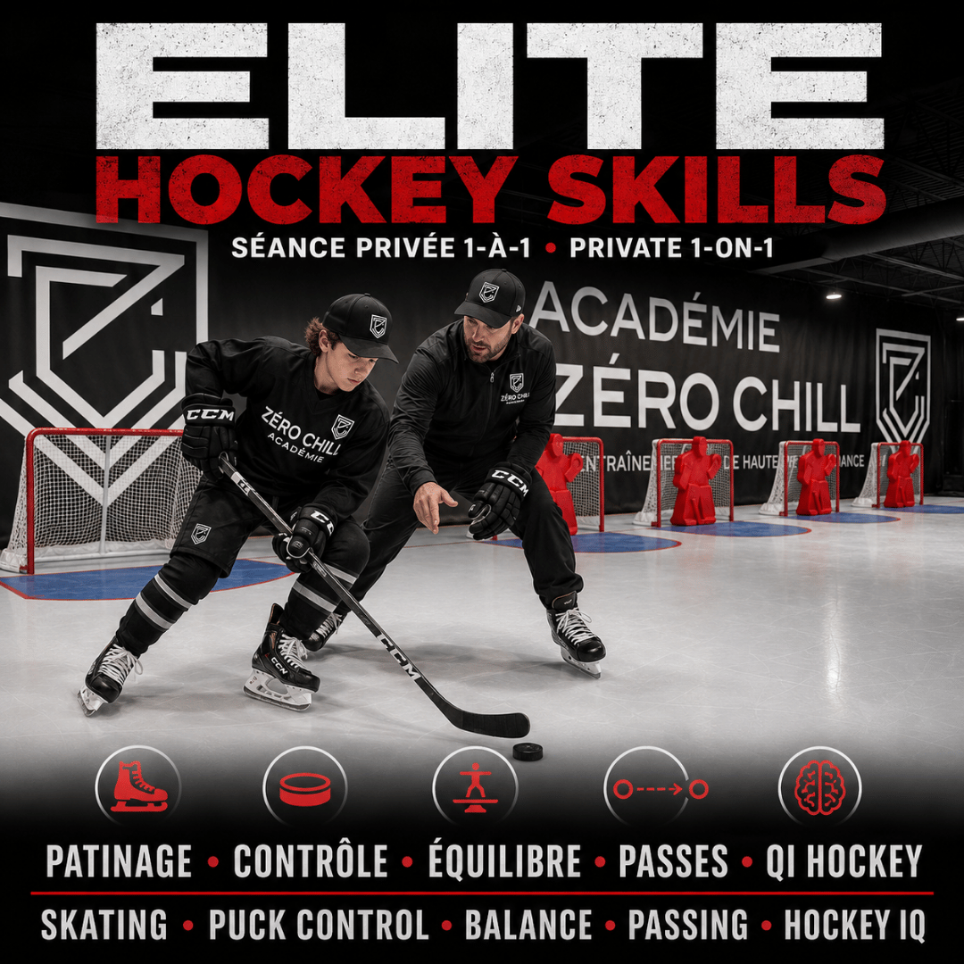 Young hockey players practicing on an indoor rink with coaches, under a large banner for Zéro Chill training academy.