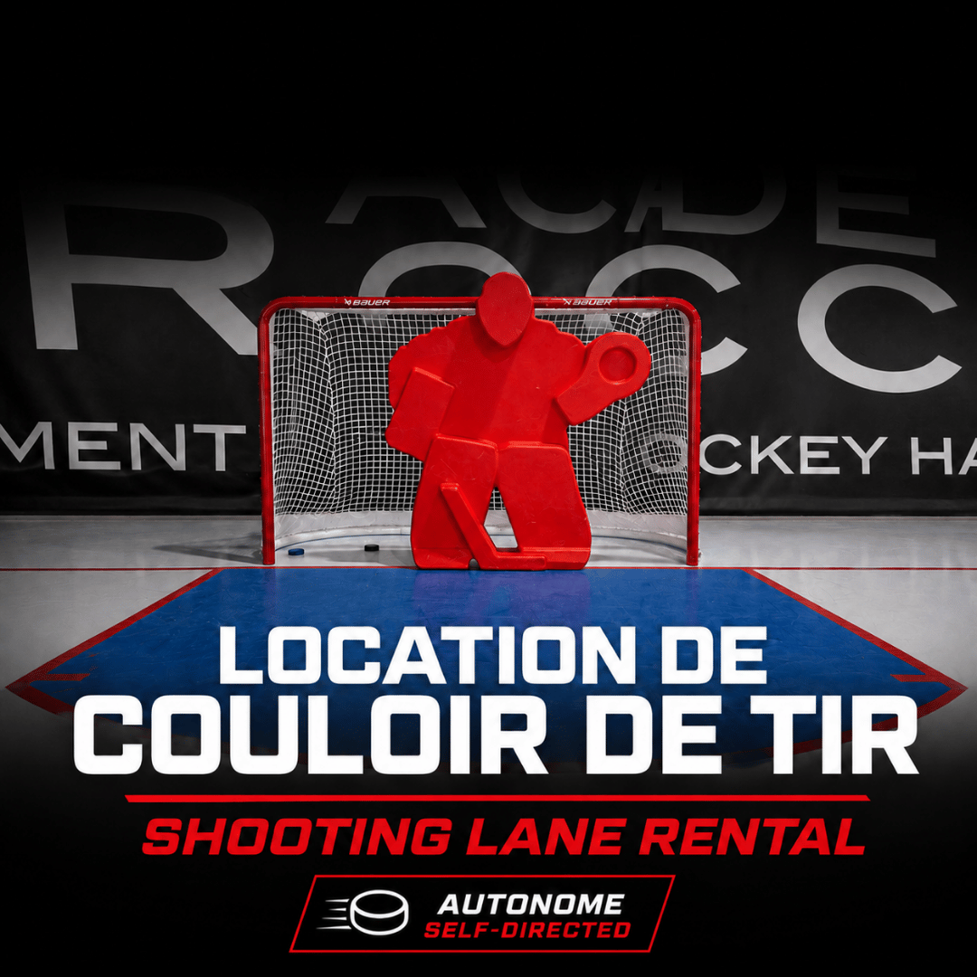A hockey training aid shaped like a hockey goalie positioned in front of a hockey goal with a black backdrop that has large white text saying 'ACADE' and 'HOCKEY'.