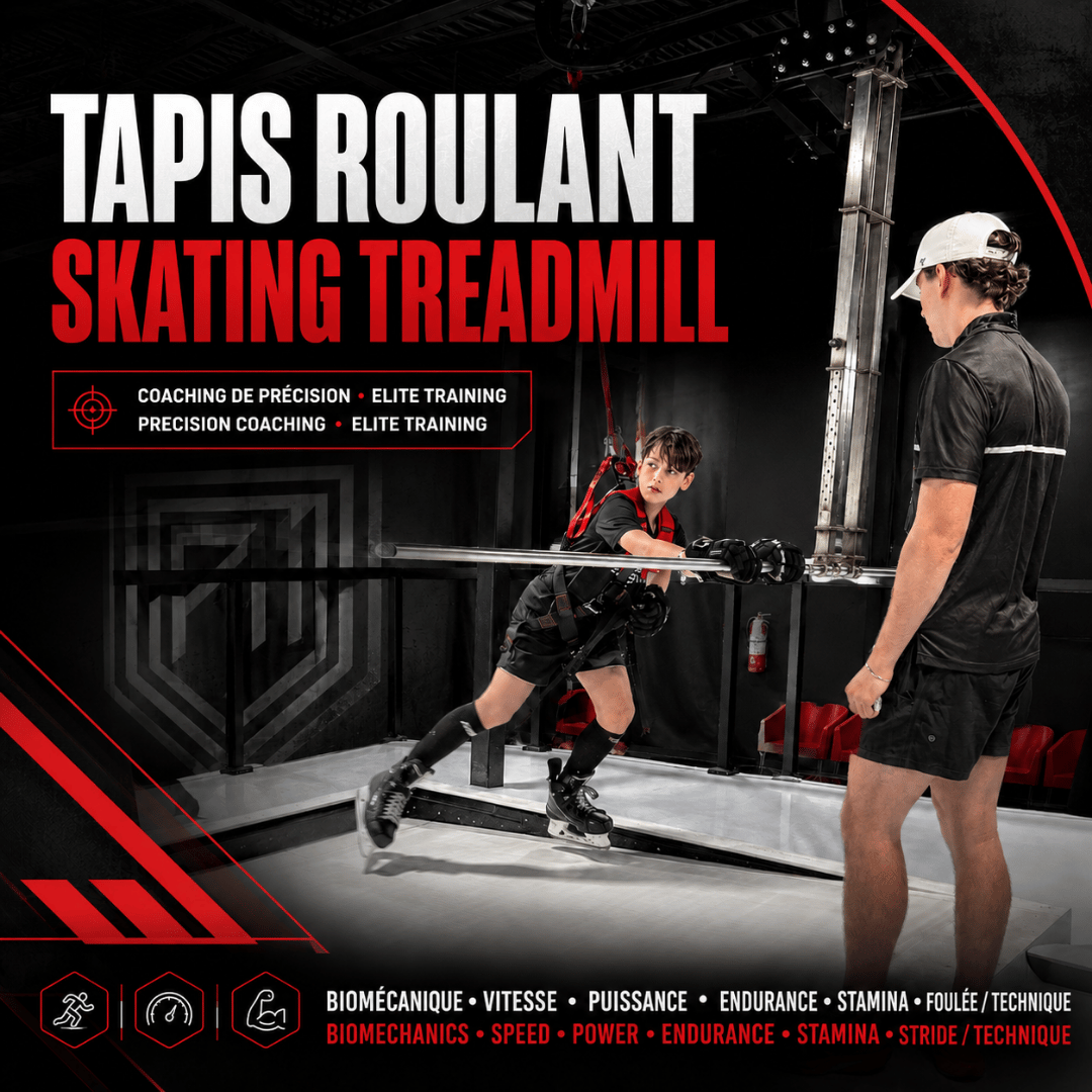 A man in black sportswear practicing hockey stick handling on a synthetic ice rink while wearing a harness for motion tracking, with a man in a white cap observing.