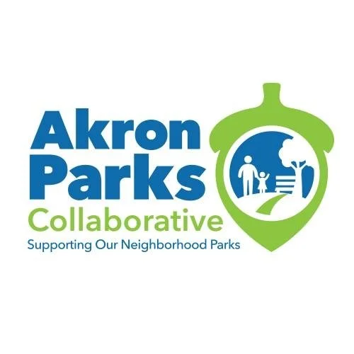 Logo for Akron Parks Collaborative with a blue and green color scheme, featuring a shield with a park scene including a bench, tree, and person, and the text supporting neighborhood parks.