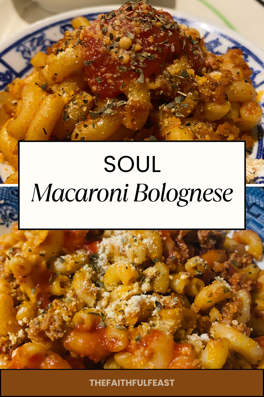 A bowl of Soul Macaroni Bolognese made with elbow macaroni coated in a rich, smoky meat sauce, topped with fresh basil and grated cheese.