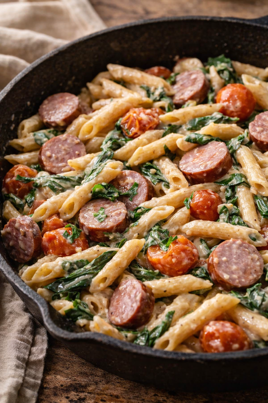 Creamy Cajun Pasta with Smoked Sausage, Roasted Tomatoes &amp; Spinach