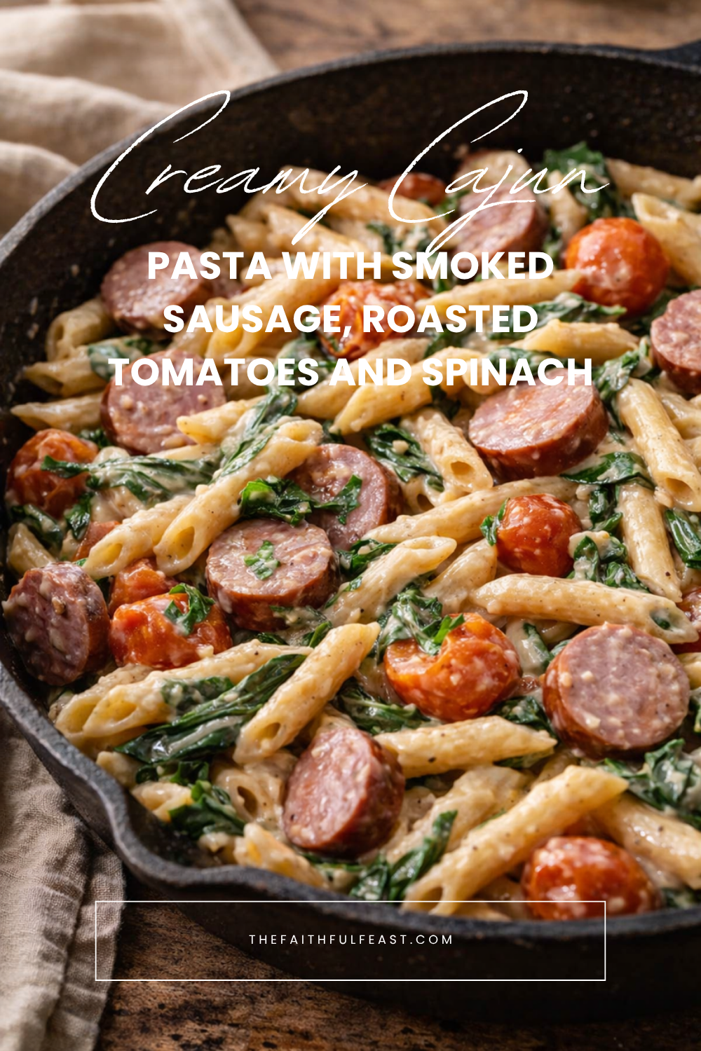 Creamy Cajun pasta with smoked sausage, spinach, and blistered tomatoes. A quick, flavorful weeknight dinner or meal‑prep favorite made in one skillet.