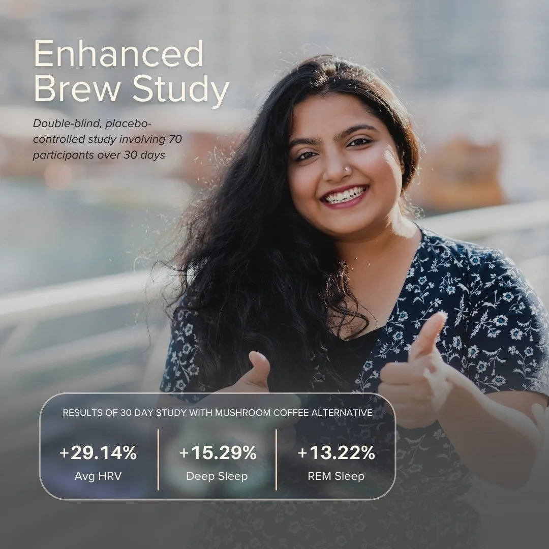 A woman smiling, with health data overlays like HRV and REM sleep