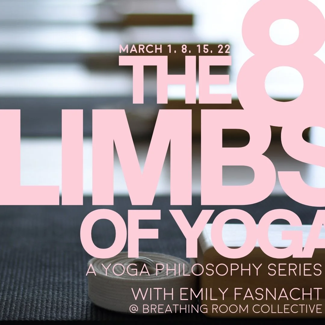 Just added to our March 2026 schedule - a new workshop series with our Saturday morning Vinyasa instructor, Emily Fasnacht: 

Deepen your yoga practice beyond the physical postures with Emily&rsquo;s 4-part workshop series on the 8 Limbs of Yoga, an 