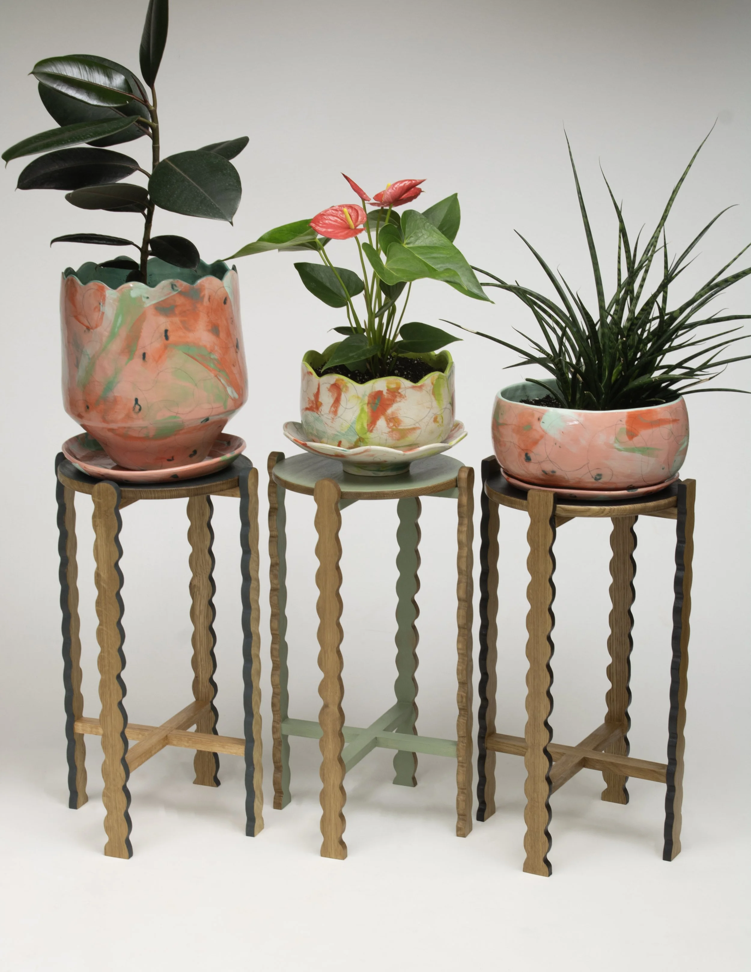 Toryn Black Design Scalloped Plant Stands made of Oak and Milk Paint