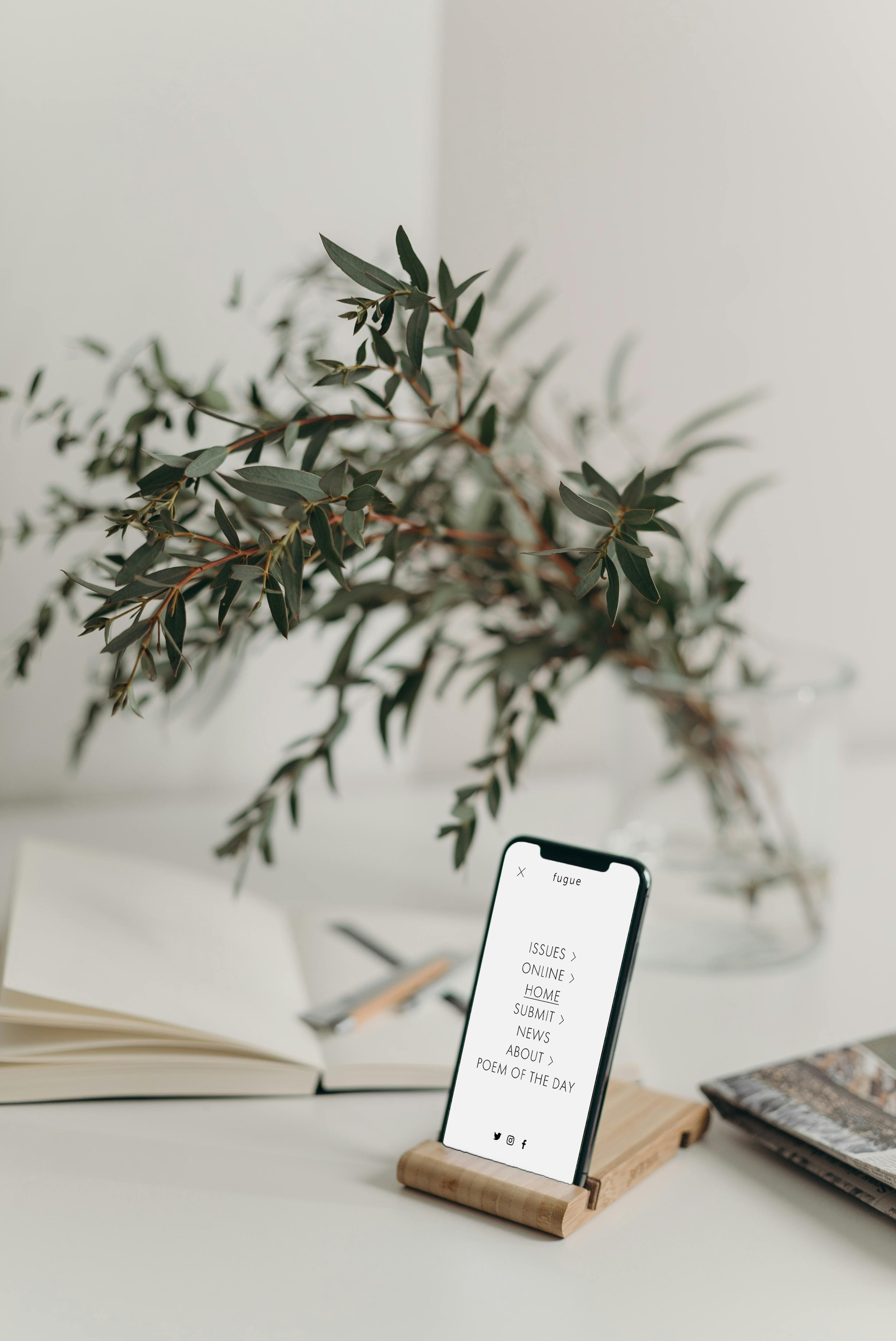 A potted plant with green leaves, a smartphone displaying a website menu, an open notebook, and a magazine on a white surface.