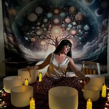 Woman sitting cross-legged among lit candleholders in front of a cosmic mural featuring a tree with branching arms and planets.