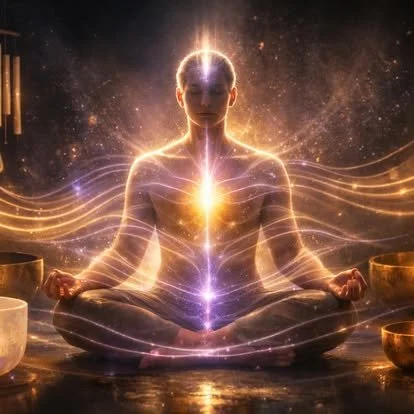 A person sitting in a meditative pose with glowing energy lines and a radiant light emanating from their body, surrounded by a mystical cosmic background.