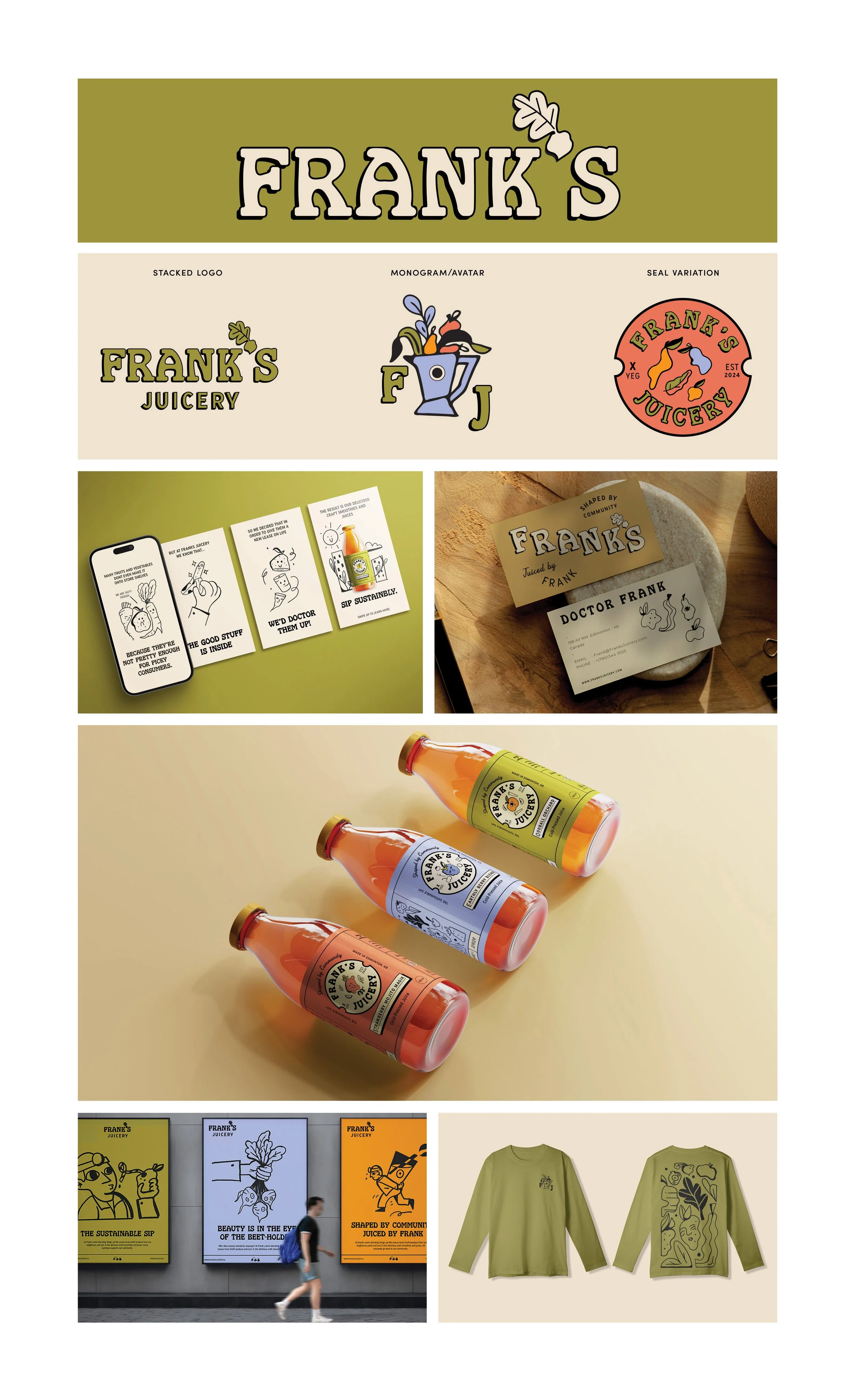 2024 - Brand Identity for Frank's Juicery.
A business that takes misshapen produce from local farms and neighbours backyards, and turns it into delicious juice.